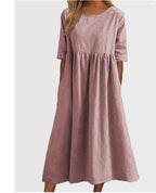 Robe décontractée en coton et lin à manches courtes et poches pour femme