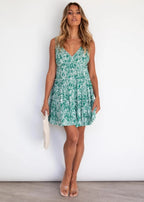 Robe Trapèze sans Dos Imprimé Feuilles Manches Tendance