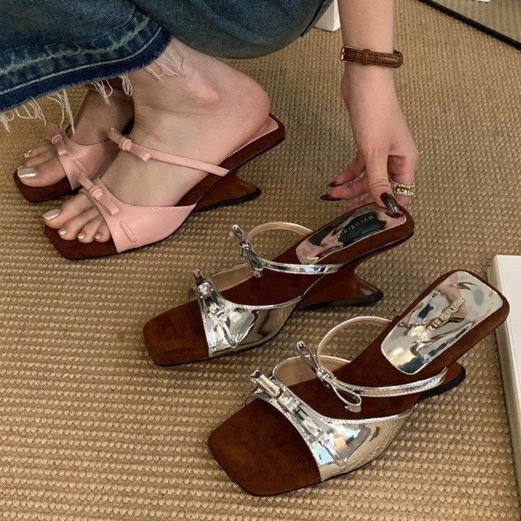 2026 Nouvelles Sandales Compensées à Bride Unique Pour Femmes, Sandales à Talons Hauts Rétro Françaises à Nœud, Sandales d'Été Assorties à des Robes d'Extérieur