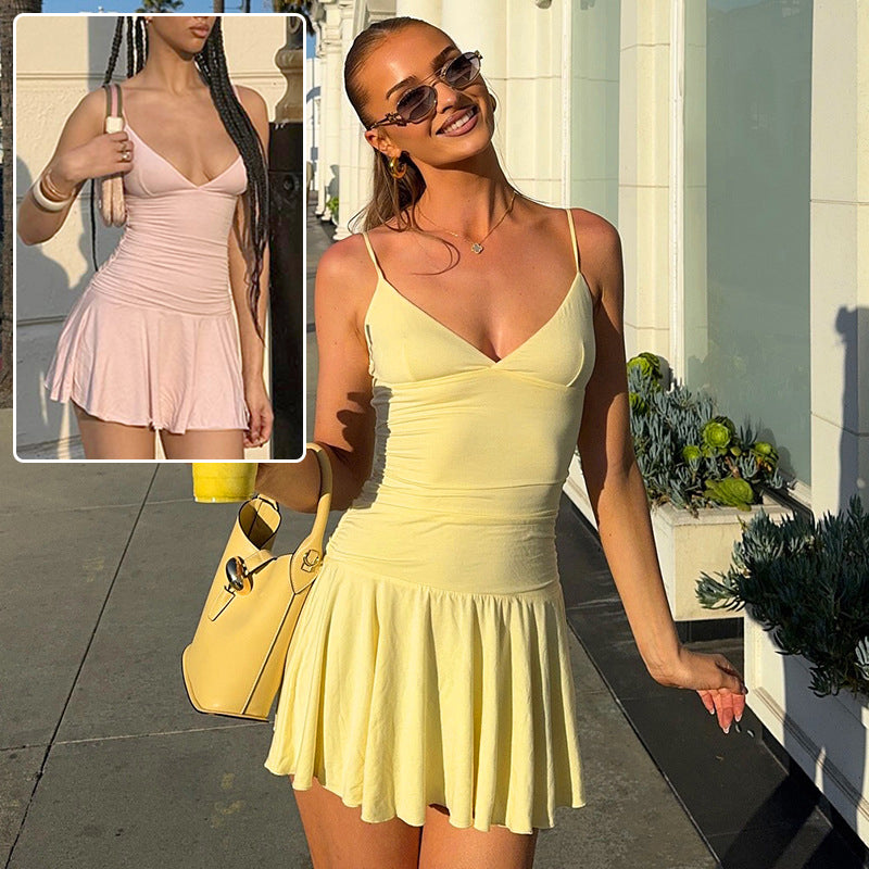 Robe Courte Sexy à Bretelles et Col en V Style Y2K Slim et Volants pour Femmes