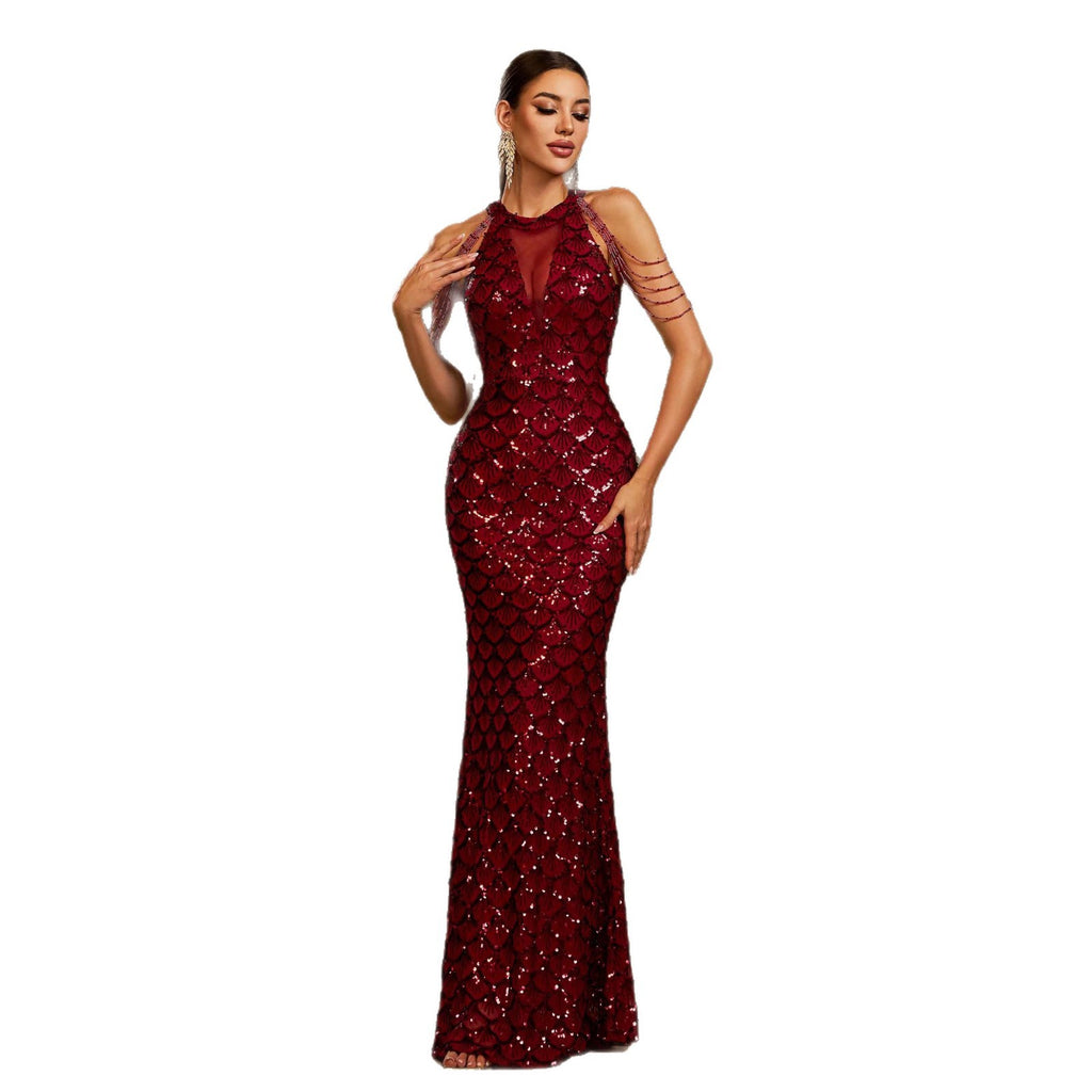 Robe Fourreau Longue Élégante sans Manches Col Rond Paillettes Coupe Slim Sirène pour Banquet