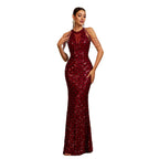 Robe Fourreau Longue Élégante sans Manches Col Rond Paillettes Coupe Slim Sirène pour Banquet