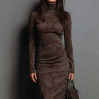 Robe longue à col roulé et manches longues, moulante, sexy, pour femme