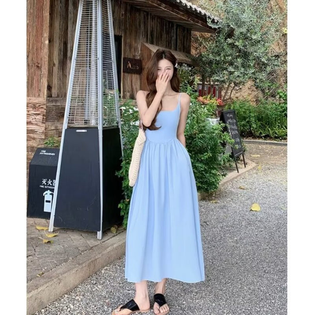 Robe Salopette Plissée Bleu Doux Main Image