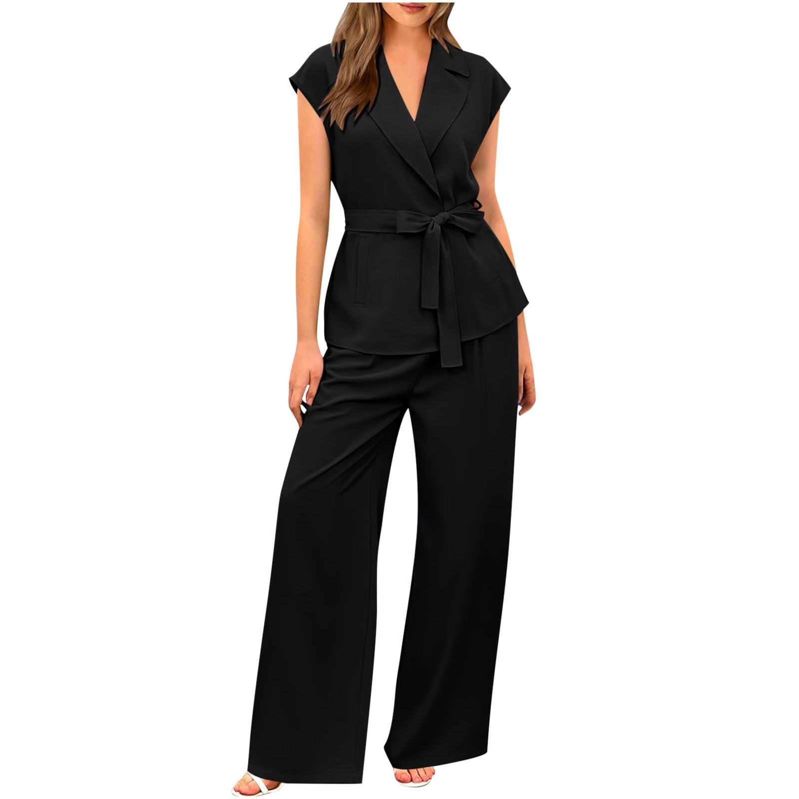 Ensemble deux pièces de costume pantalon large de couleur unie pour femme