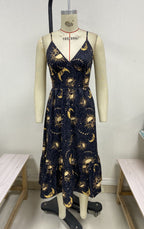 Robe Gothique Rétro Imprimé Crâne Os Soleil Et Lune Femme