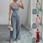 Ensemble deux pièces d'été sans manches pour femme : gilet moulant à col en V et pantalon taille haute.