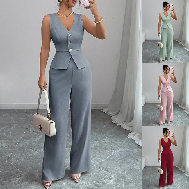 Ensemble deux pièces d'été sans manches pour femme : gilet moulant à col en V et pantalon taille haute. Hover Image