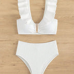 Haut de bikini volanté en tissu côtelé de couleur unie
