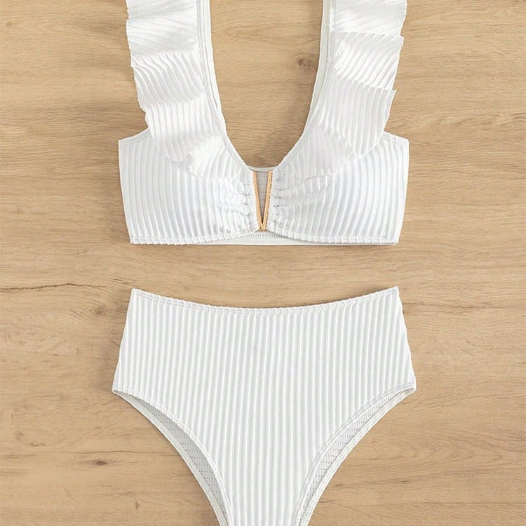 Haut de bikini volanté en tissu côtelé de couleur unie
