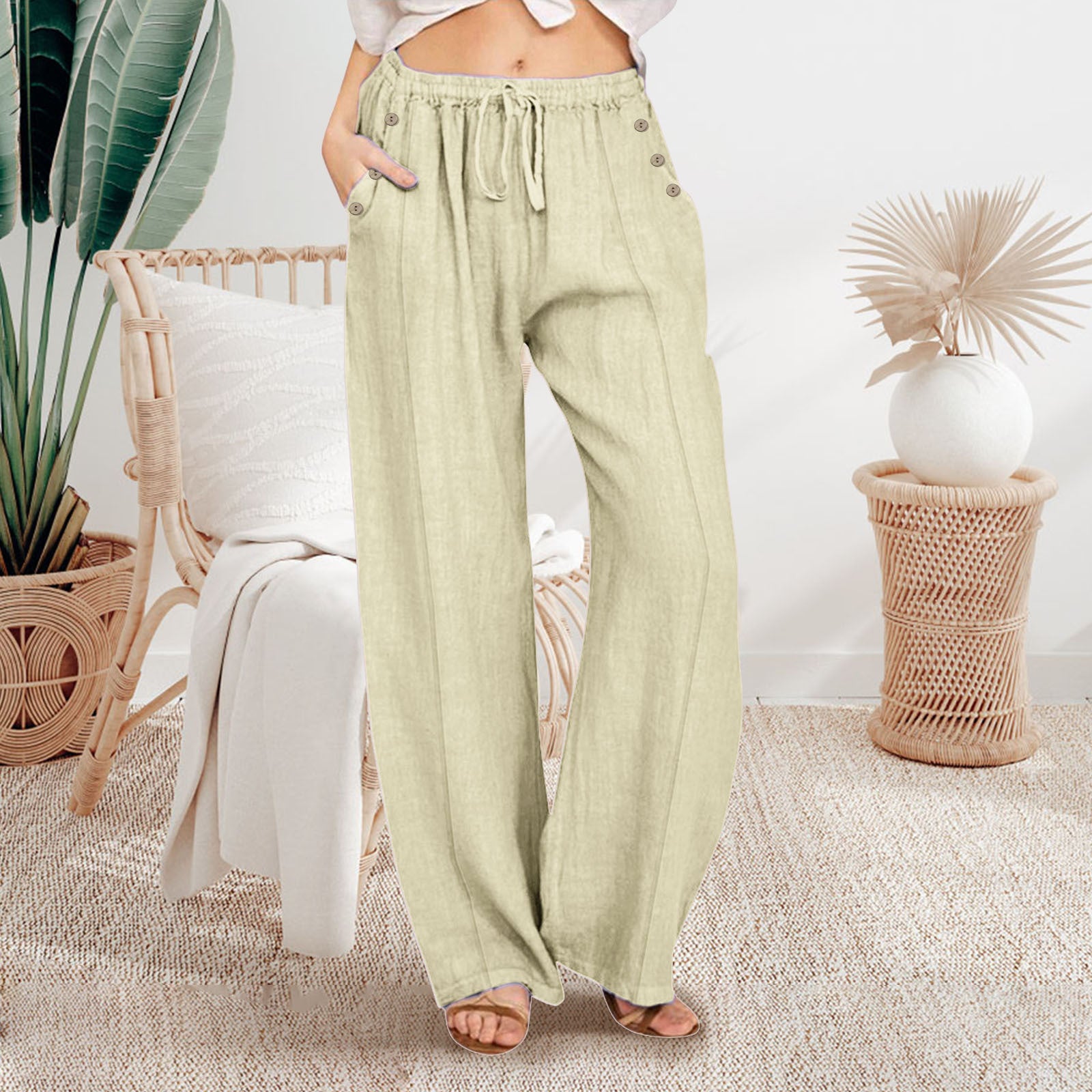 Pantalon ample décontracté à jambes larges et boutonnées pour femme