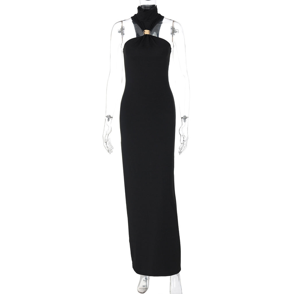 Robe Femme Moulante Sans Manches Col Montant et Fente