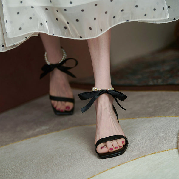 Sandales Femme à Talons Épais en Cuir avec Bride Perles et Style Français