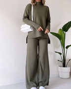 Ensemble tricoté col roulé, haut fendu ample à manches longues et pantalon droit, mode décontractée, couleur unie, vêtements pour femmes.