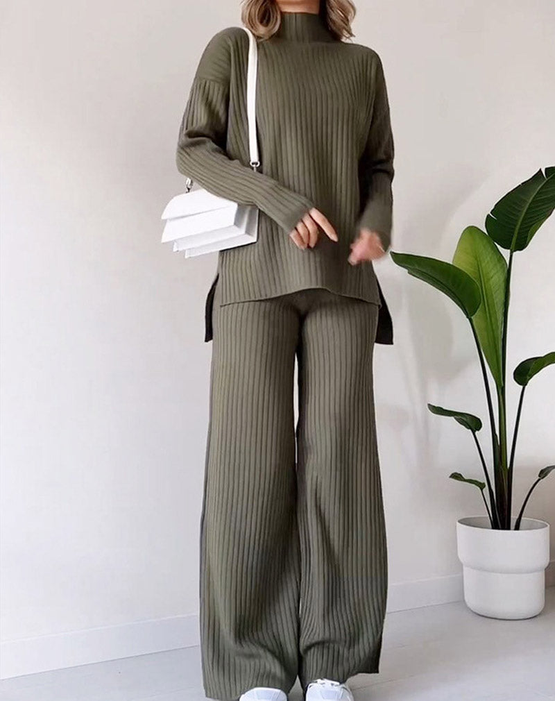 Ensemble tricoté col roulé, haut fendu ample à manches longues et pantalon droit, mode décontractée, couleur unie, vêtements pour femmes.