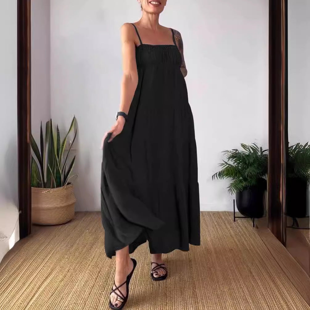 Robe plissée à bretelles et bustier unie décontractée pour femme