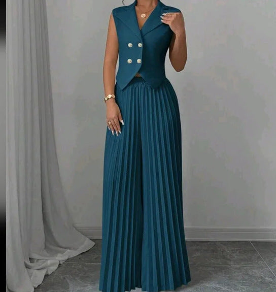 Ensemble de vêtements d'été sans manches pour femmes, avec veste à revers boutonnée et pantalon plissé droit.