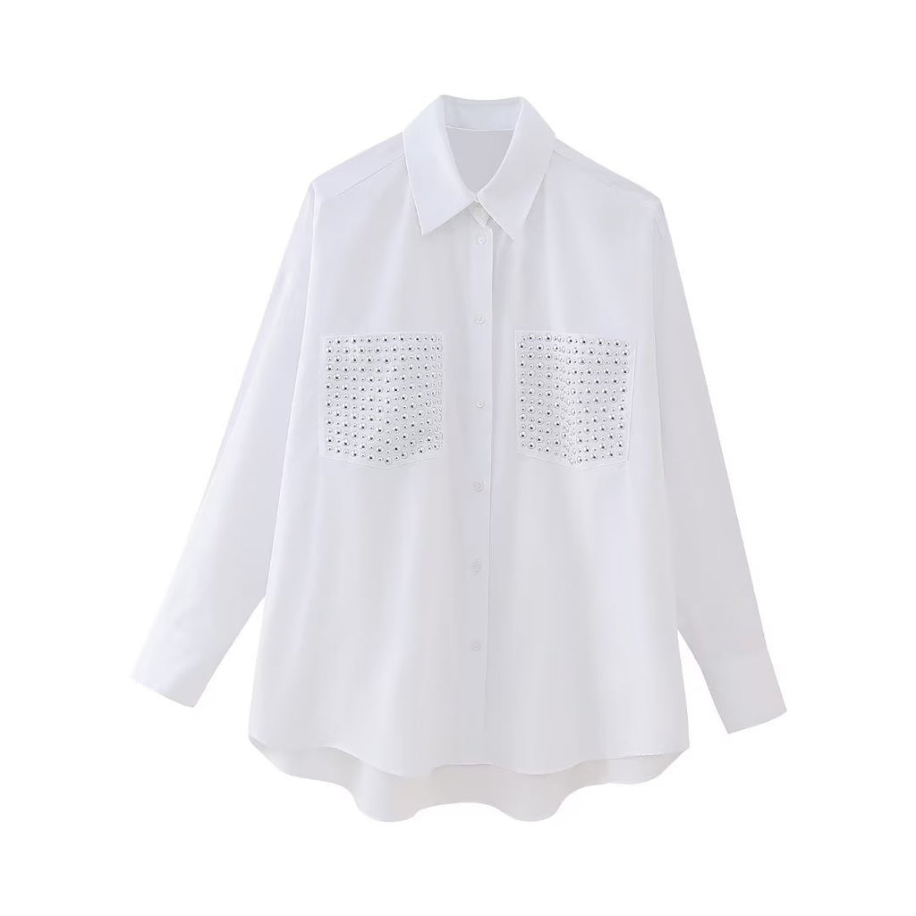 Chemise ample à manches longues ornée de rivets, style streetwear pour femme