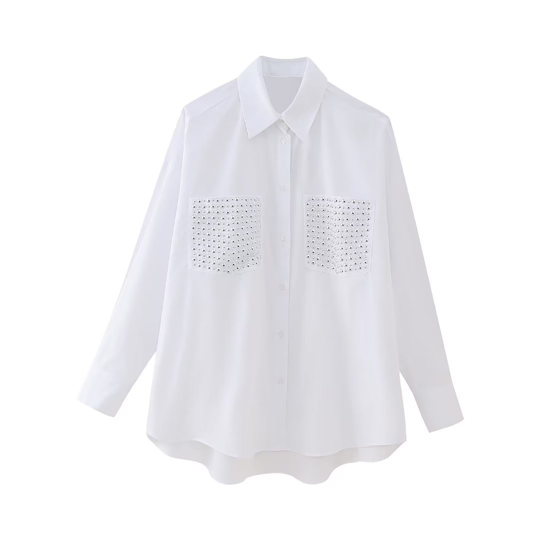 Chemise ample à manches longues ornée de rivets, style streetwear pour femme