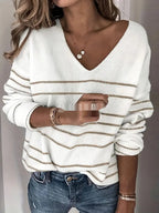 Pull tricoté à rayures col en V pour femme