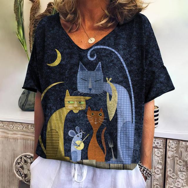 Nouveaux T-shirts Femme Manches Courtes Été Motifs Chaton Main Image
