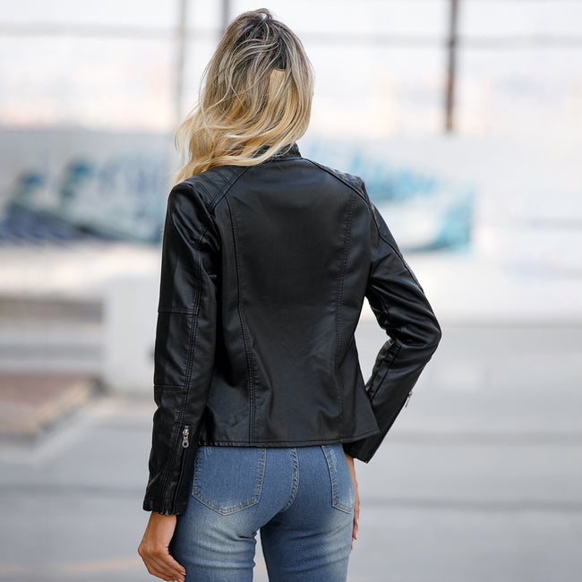 Vestes en cuir zippées pour femmes Mode couleur unie Poches Col montant Vêtements d'extérieur Main Image