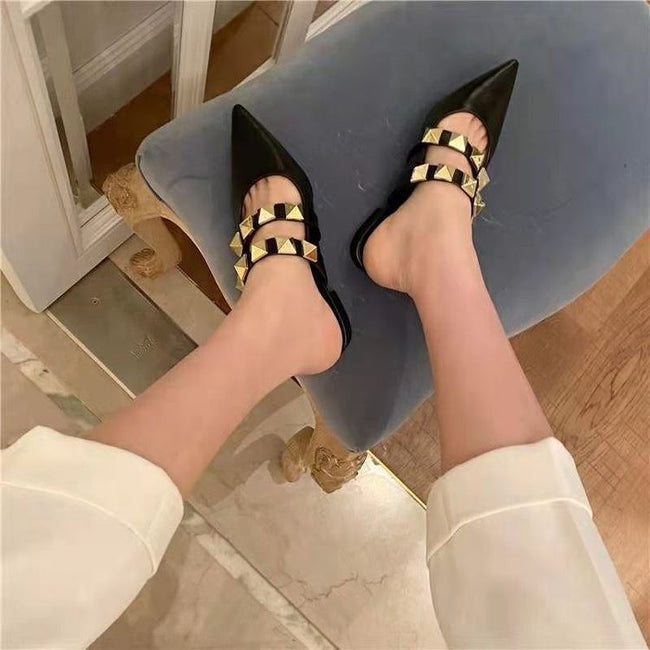 Baotou Half Drag Mode Talon Épais Talon Moyen Chaussures Paresseuses Net Infrarouge Porter Sandales Et Pantoufles Femmes Main Image