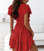 Nouvelle Robe d'Été Femme Unie Col en V Pull Sangle Taille Cintrée Manches Courtes Couture Grande Balançoire