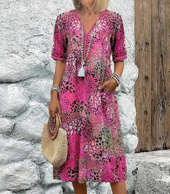 Robe d'été à col en V et manches courtes avec poches, imprimé ethnique tendance, vêtements de plage pour femmes
