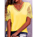 Tops en dentelle femme été col en V ample manches courtes chemises décontractées