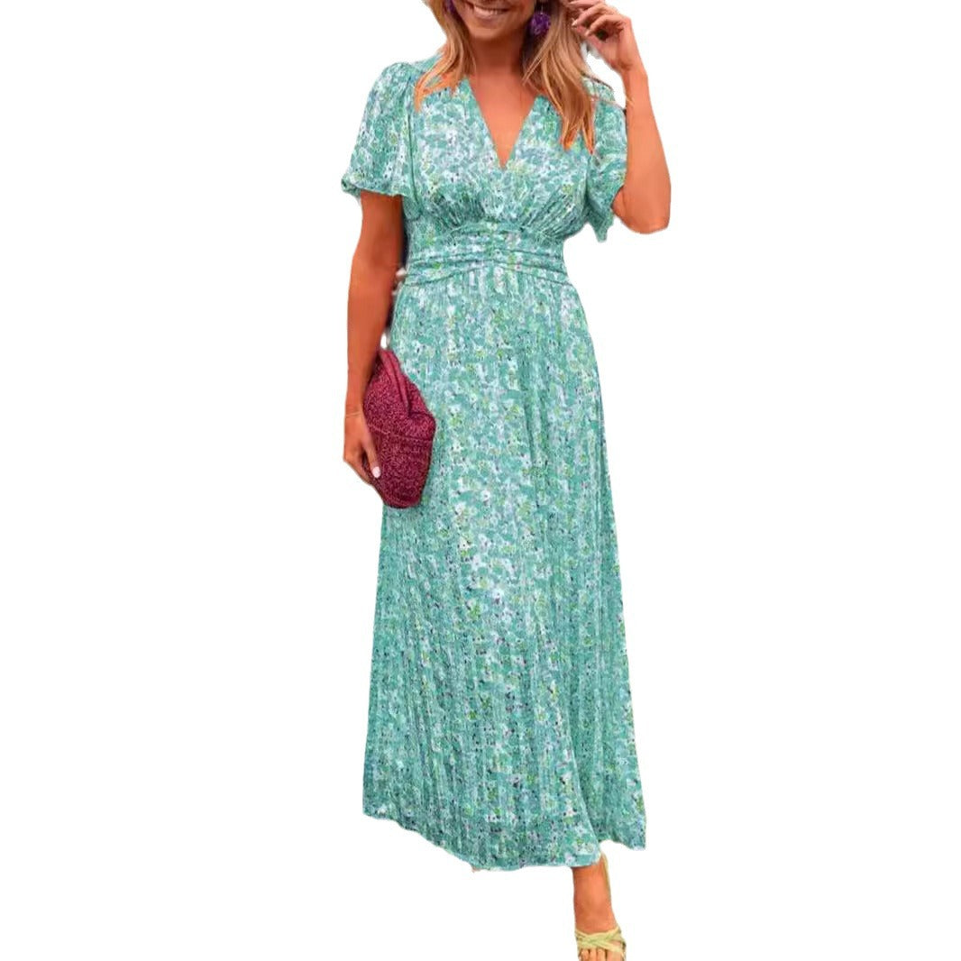 Robe imprimée à col en V, taille ajustée