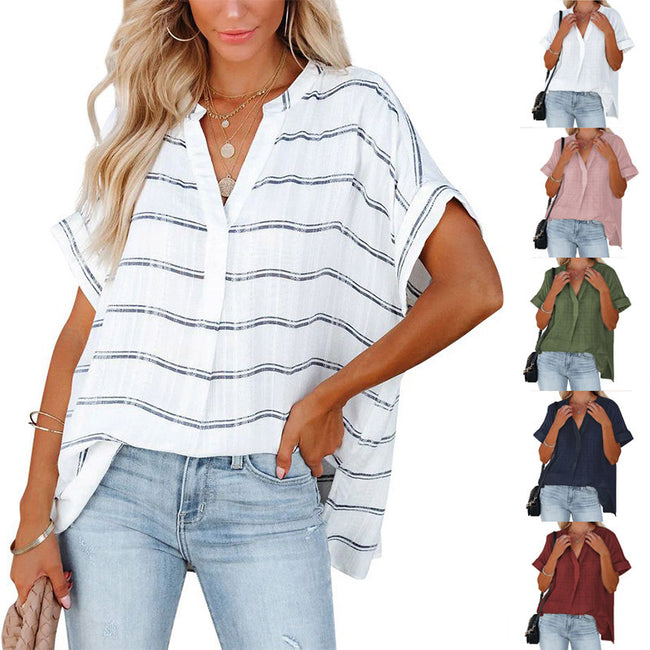 Chemise d'été ample pour femme à manches courtes et col en V Hover Image