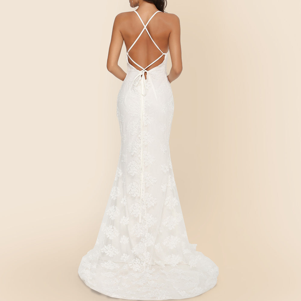 Robe de mariée longue sexy avec col en V et bretelles