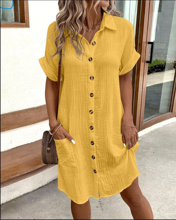 Robe chemise d'été à manches courtes, mode, couleur unie, boutonnage simple, longueur moyenne, ample