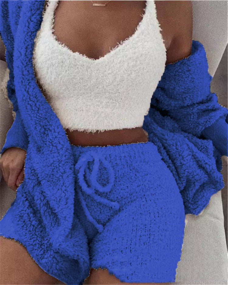 Ensemble pyjama sexy pour femme, tenue décontractée d'intérieur pour l'hiver, débardeur court à manches longues exposant le nombril et short, ensemble doux et chaud