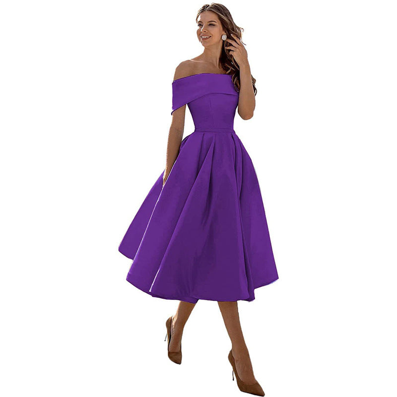 Robe de Soirée Formelle en Satin pour Femme sans Bretelles, Coupe Décontractée, Longueur Thé, Épaules Dénudées, avec Poches