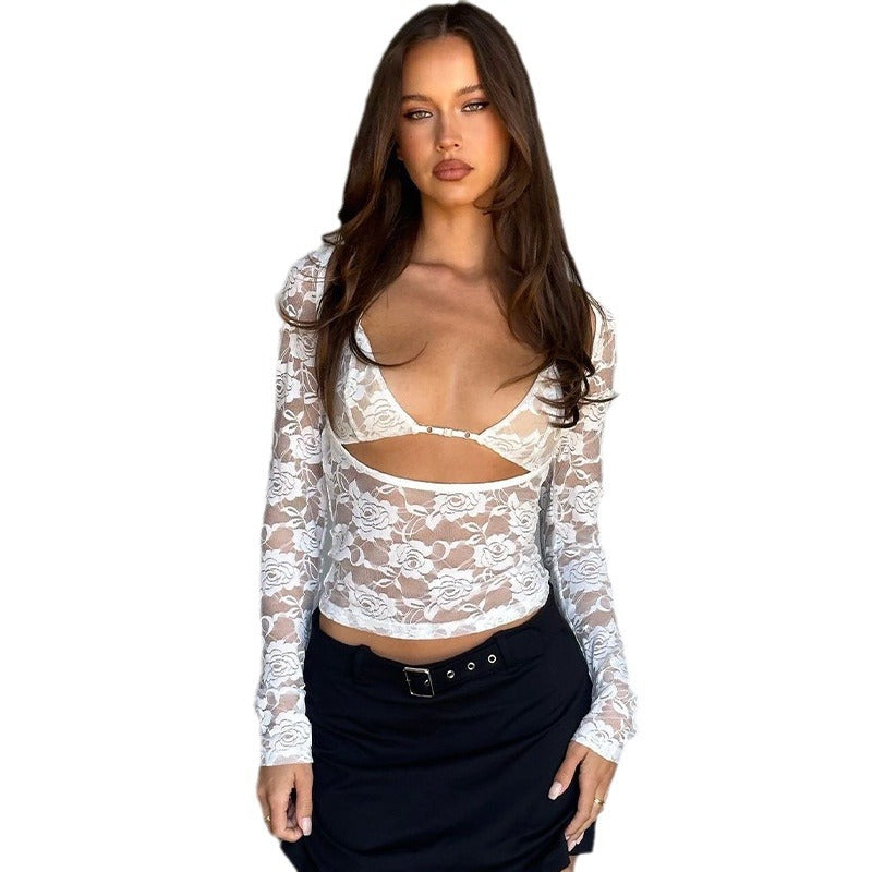 Ensemble deux pièces de lingerie camisole en dentelle transparente pour femme avec haut à manches longues