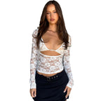 Ensemble deux pièces de lingerie camisole en dentelle transparente pour femme avec haut à manches longues
