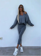 Ensemble deux pièces pour femme, costume décontracté, sweat-shirt à manches longues et col en V, et robe sans manches