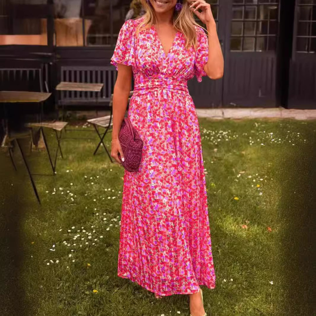 Robe imprimée à col en V, taille ajustée