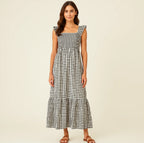 Robe plissée à volants imprimé écossais été, mode INS, sans manches, coupe trapèze, ample, pour la plage, vêtements pour femmes