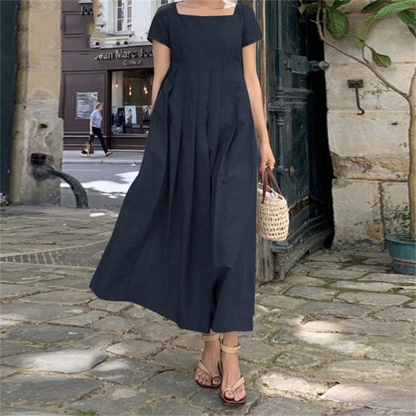 Robe en coton et lin, grande ampleur, manches courtes, col carré, élégante
