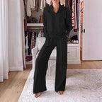 Women's Pullover Suit Casual Collared Long-Sleeved V-neck Top And Loose Straight-Leg Pants Fashion Sweatshirt Sport Trousers Set