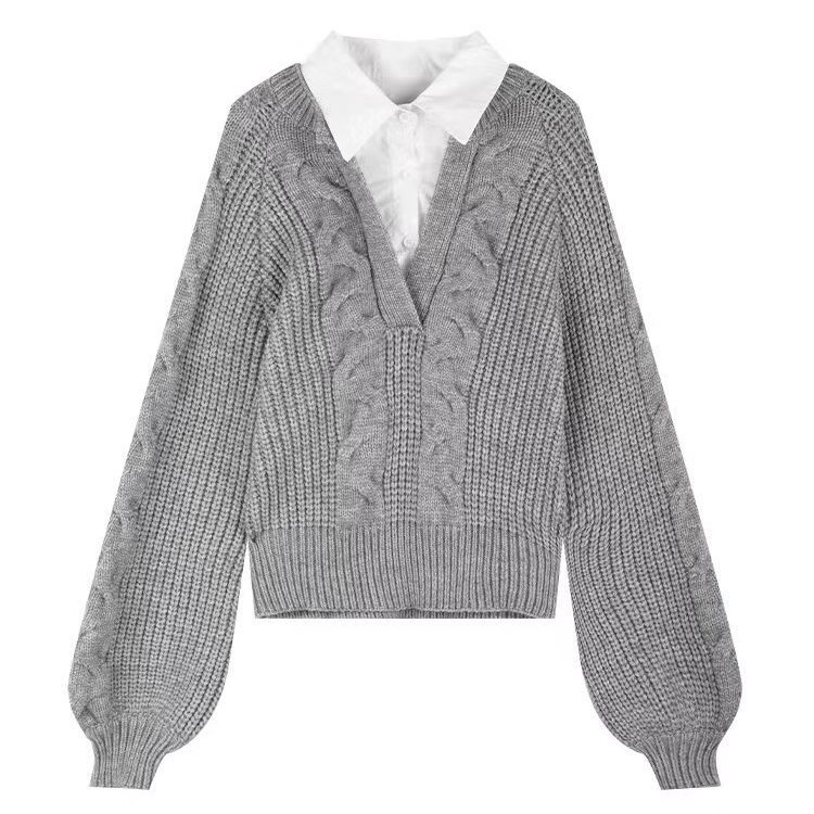 Faux pull chemise patchwork deux pièces pour femmes