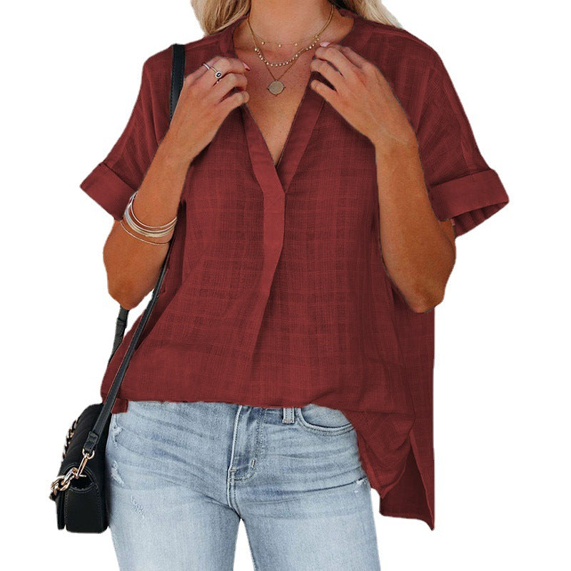 Chemise d'été ample pour femme à manches courtes et col en V