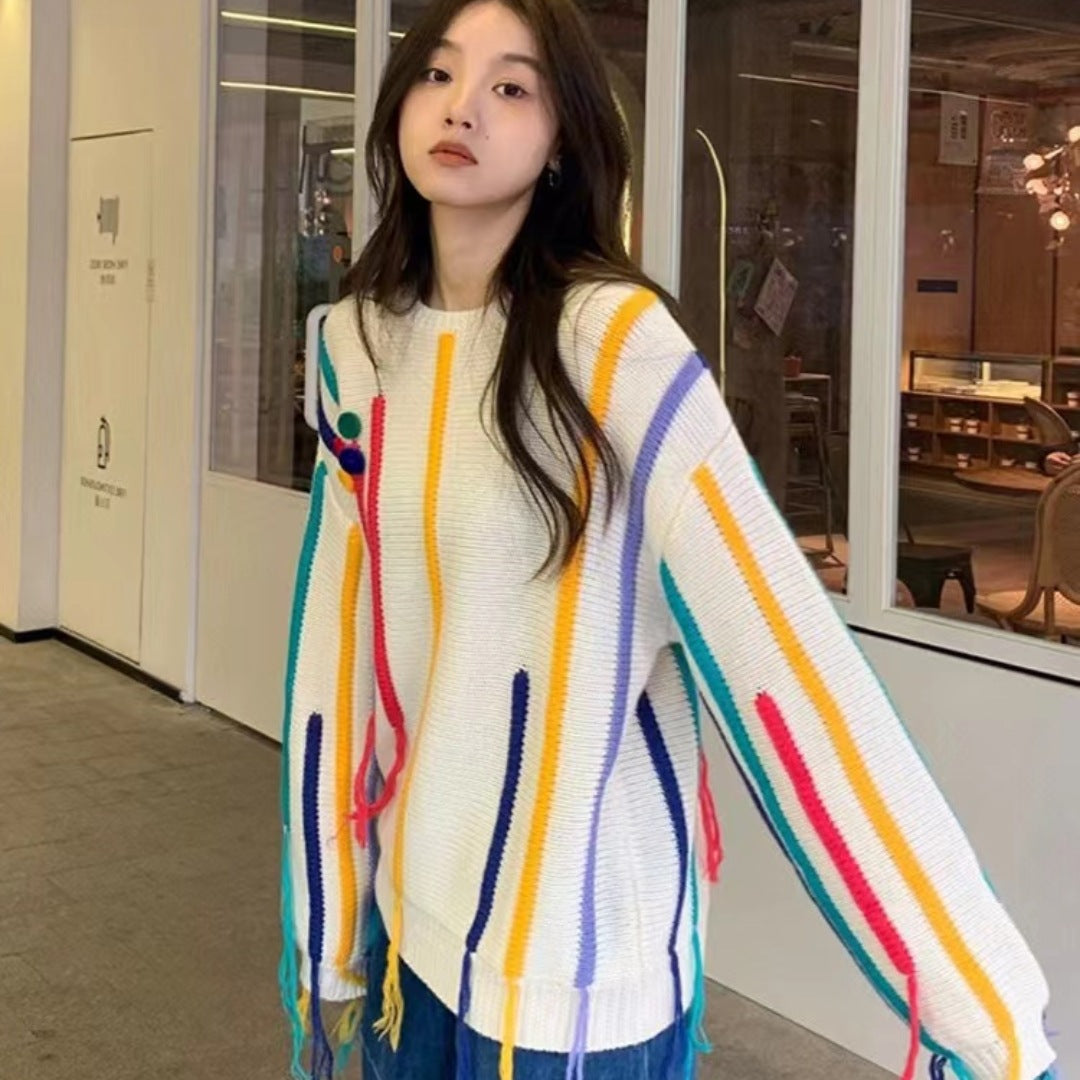 Pull Frangé Tricot Rayé Coloré Pour Femme