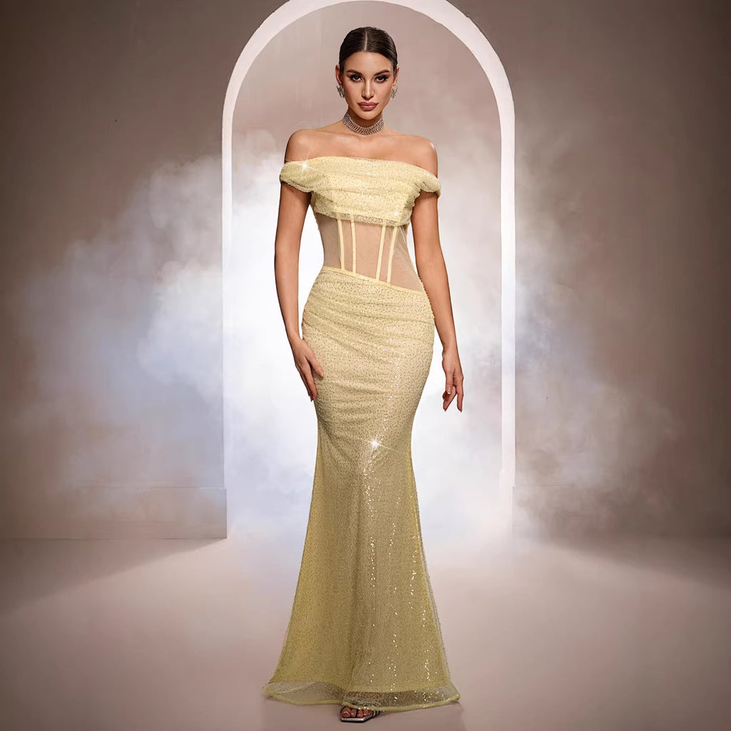 Robe de soirée sirène sans manches à épaules dénudées et à paillettes