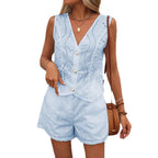 Ensemble short décontracté femme, gilet uni col V et boutonnage