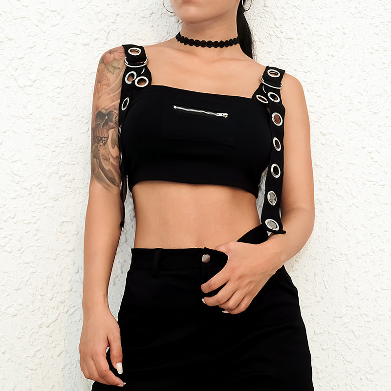 Haut court sans manches noir pour femme, débardeur évidé, bustier sexy, streetwear été