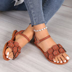 Sandales Rétro Fleurs Été Décontracté Polyvalent Bout Rond Boucle Chaussures Plates de Plage pour Femmes Nouvelles Chaussures Romaines